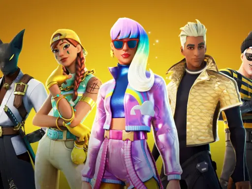 Pięć postaci z Fortnite, w tym kot-samuraj i dziewczyna z tęczowymi włosami. Szukasz **fortnite kody na skiny**?