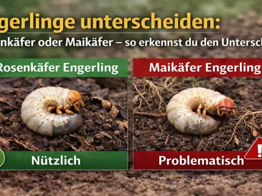 Zwei Engerlinge im Vergleich: Links der nützliche Rosenkäfer-Engerling, rechts der problematische Maikäfer-Engerling. So kannst du sie unterscheiden.