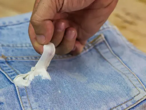 Mano quitando chicle pegado en un bolsillo de jeans. Aprende cómo quitar chicle de la ropa fácilmente.