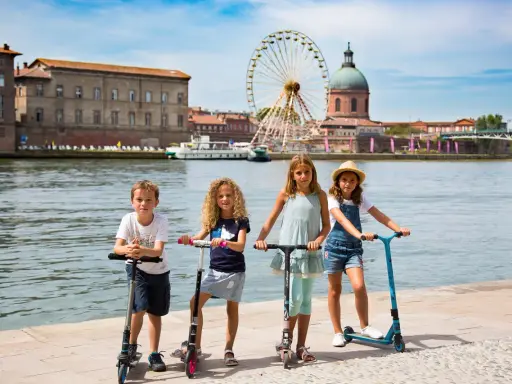 Niños en patinetes junto al río en Toulouse, con la noria y la cúpula de la Basílica de San Sernín de fondo. ¡Un plan genial que hacer en Toulouse con niños!