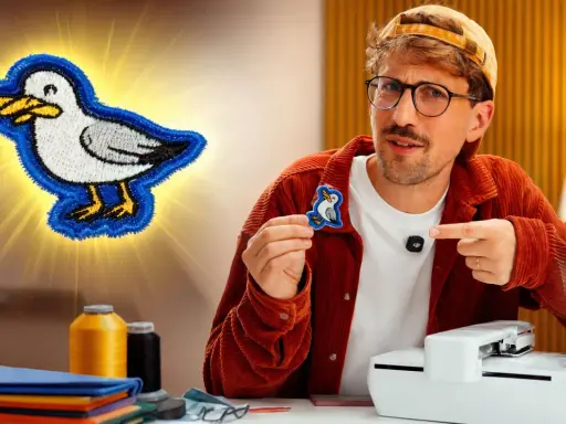 Mann zeigt auf ein aufgebügeltes Möwen-Patch. Bügelkleber macht's möglich!