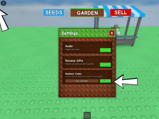 Ustawienia gry z opcją wpisywania kodów do grow a garden, aby zdobyć nagrody.
