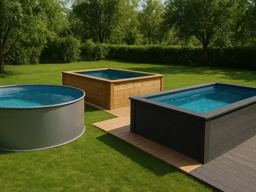 Tre ovan mark-pooler i en grönskande trädgård. En rund grå pool till vänster, en rektangulär i trä i mitten och en mörk rektangulär pool till höger. Perfekt för att isolera pool ovan mark.