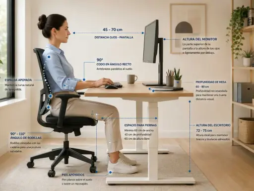 Mujer adulta trabajando en un escritorio ajustable, mostrando la altura ideal del escritorio para adultos y una postura ergonómica.