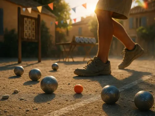 Un joueur s'élance lors d'une compétition de pétanque ensoleillée. Des boules métalliques et une petite cochonnet orange sont dispersés sur le terrain de terre battue.