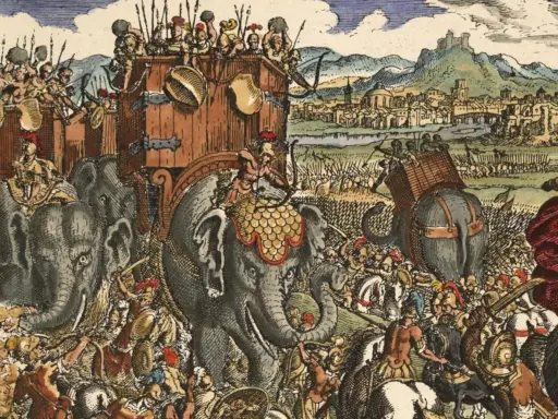 Antike Schlacht mit Elefanten und Soldaten. Ein Sieg, der teuer erkauft wurde, wie die vielen Verluste andeuten – ein Pyrrhussieg.
