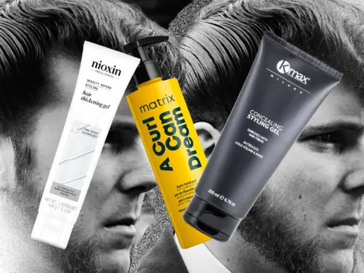Tre flaconi di gel per capelli, uno bianco Nioxin, uno giallo Matrix e uno nero K-max, sovrapposti a volti maschili in bianco e nero. Il gel fa male ai capelli?