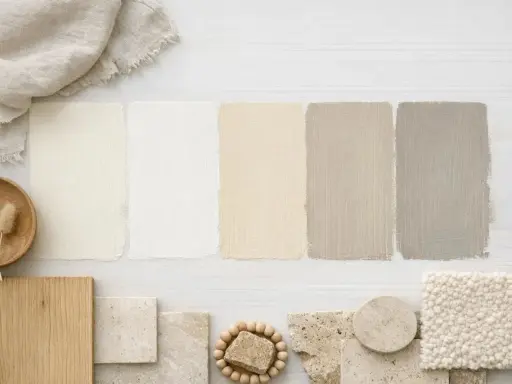 Palette de couleurs douces : échantillons de peinture écru et blanc cassé, bois, pierre et tissu texturé.