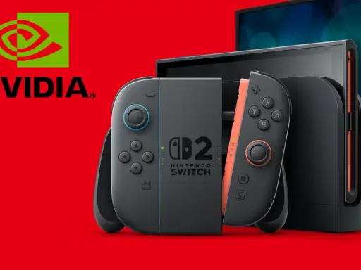 Nintendo Switch z kontrolerami, logo NVIDIA i ekranem. Technologia dynamiczne skalowanie rozdzielczości zapewnia płynną rozgrywkę.