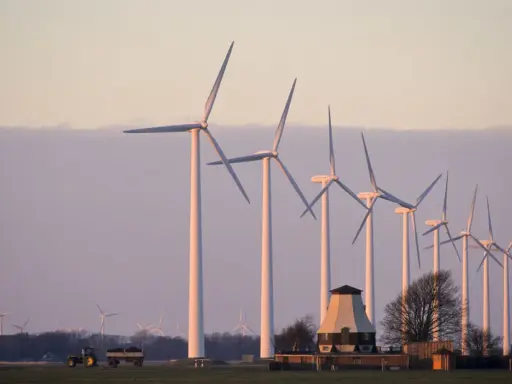 Windräder im Abendlicht, ein Traktor mit Anhänger und ein alter Mühlenbau symbolisieren die Direktvermarktung von Windstrom in ländlicher Idylle.