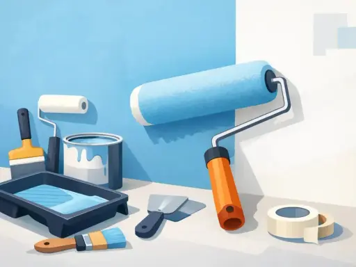 Herramientas para pintar: rodillo azul, lata de pintura, bandeja, brochas y espátulas. El mejor rodillo para pintar paredes lisas es el que se ve en acción.