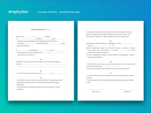 Wzór umowy zlecenia, który może być zawarty przez studenta. Dokument zawiera kluczowe punkty dotyczące obowiązków stron, wynagrodzenia i warunków rozwiązania umowy.