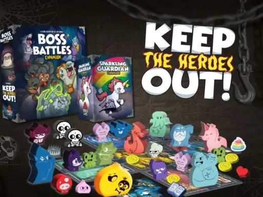Kolorowe figurki potworów i dwa pudełka z grami planszowymi "Boss Battles" i "Sparkling Guardian". Napis "KEEP THE HEROES OUT!" sugeruje, że gracze wcielają się w potwory.