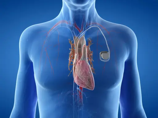 Anatomical illustration showing a human heart with a rozrusznik serca implanted.