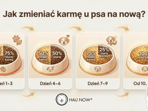 Grafika pokazuje stopniową zmianę karmy u psa: 25% nowej karmy przez 3 dni, potem 50/50, następnie 75% nowej karmy, aż do 100% nowej karmy od 10. dnia.