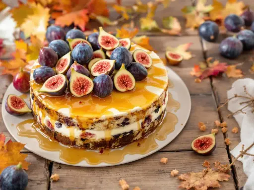 Gâteau d'automne décoré de figues fraîches et nappé de caramel, entouré de feuilles d'automne.