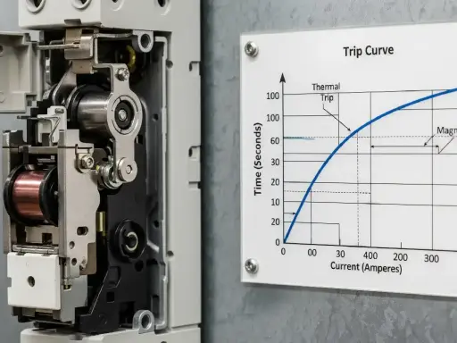 Mécanisme interne d'un disjoncteur et sa courbe de déclenchement, illustrant la règle de l'amont et de l'aval pour la protection électrique.