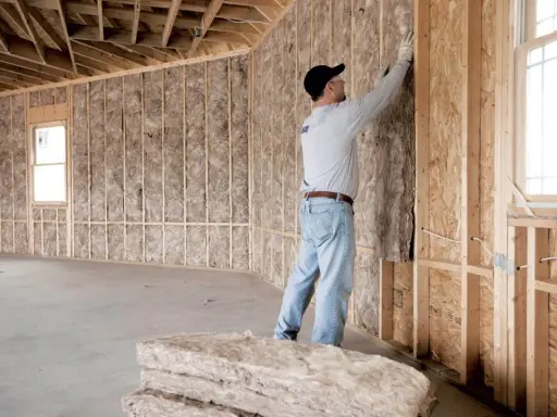 Obrero instala aislamiento en pared de madera. Aprende como aislar una pared para mejorar la eficiencia energética.