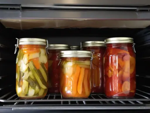 Gläser mit eingelegtem Gemüse, wie Gurken und Karotten, stehen im Ofen. Dies sind leckere Hauptgerichte zum Einkochen, die nach Rezepten zubereitet werden.