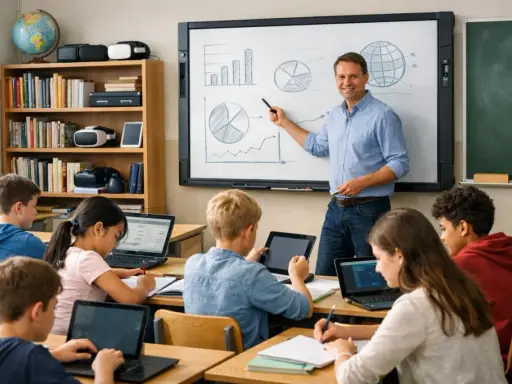 Lehrer erklärt Diagramme an einem Whiteboard, während Schüler mit digitalen Tools wie Laptops und Tablets arbeiten.