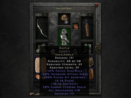 Zbroja "Hustle" z runami w Diablo 2. Szybkość, zwinność i odporność dla bohatera.