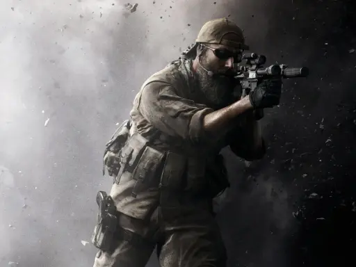 Żołnierz z brodą i karabinem, gotowy do akcji. Jego postawa sugeruje determinację godną zdobycia medal of honor.