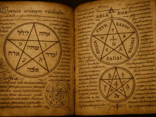 Livre ancien ouvert sur des pages remplies de textes et de symboles mystiques, dont un pentagramme complexe, un symbole ancien de pouvoir.