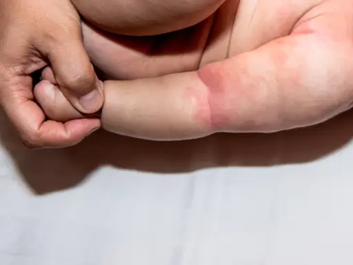 Dłoń rodzica delikatnie obejmuje ramię niemowlaka, na którym widoczna jest szorstka skóra, zaczerwieniona i lekko podrażniona.