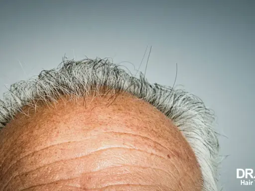 Gros plan sur le front d'un homme aux cheveux gris clairsemés. La vitamine D, source de bienfaits pour les cheveux, est essentielle pour leur santé.