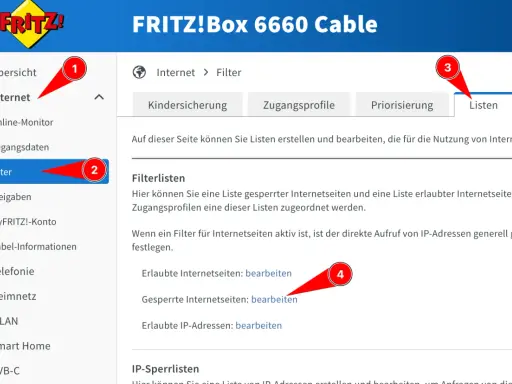 FRITZ!Box: Webseiten sperren im Menü "Internet > Filter". Hier können Sie Listen für gesperrte und erlaubte Seiten erstellen.