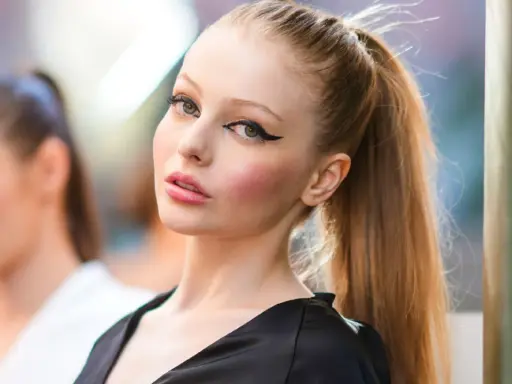 Modelo con delineado cat eye dramático y labios rosados, su cabello recogido en una coleta alta.