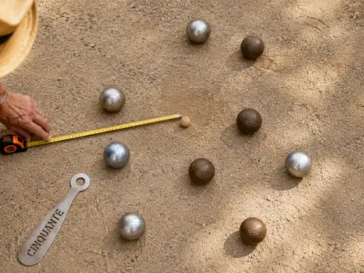 Un joueur mesure la distance entre le cochonnet et les boules lyonnaises. La règle du jeu est respectée.