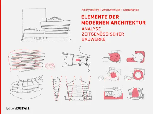 Elemente der modernen Architektur: Skizzen von Gebäuden, Spiralen und technischen Diagrammen, die die Analyse zeitgenössischer Bauwerke illustrieren.