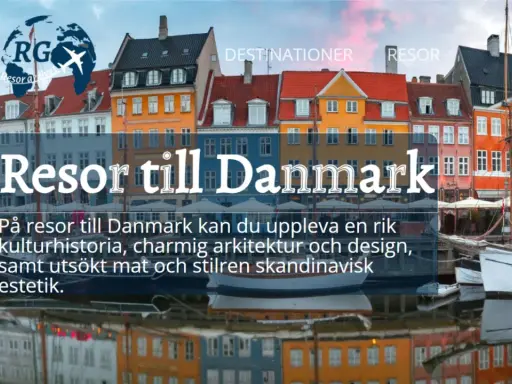 Färgglada hus vid en kanal i Danmark, med texten "Resor till Danmark". Upptäck fina platser i Danmark med rik kulturhistoria och charmig arkitektur.