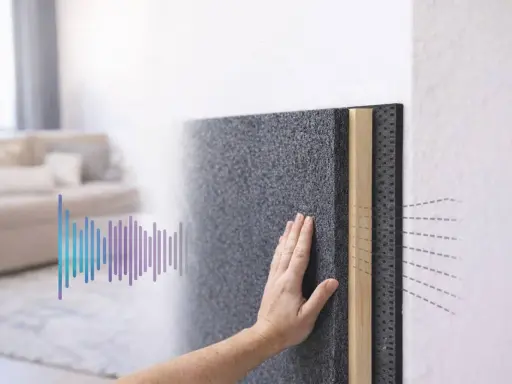 Mano tocando material para aislar ruido. Gráfico de sonido muestra cómo se reduce.