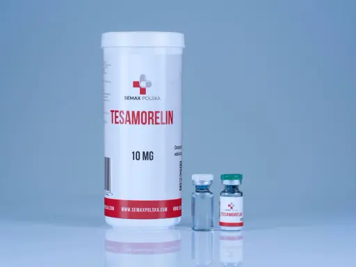 Pojemnik i fiolki z lekiem Tesamorelin 10 mg od Semax Polska.