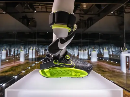 Czarny but Nike z neonowo-zieloną podeszwą i futurystycznym zapięciem. To jedne z najdziwniejszych butów Nike, jakie widziałem.