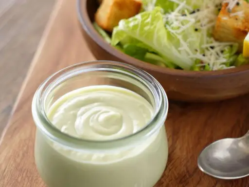 Cremiges Dressing in einem Glas, bereit für einen köstlichen veganen Caesar Salad mit Croutons und Parmesan-Alternative.