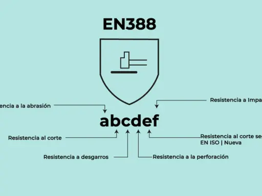 Pictograma EN388 para guantes de seguridad. Muestra resistencia a abrasión, corte, desgarros, perforación e impactos.