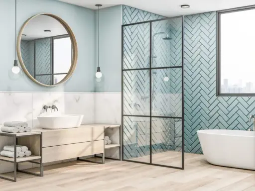 Salle de bain moderne avec baignoire, douche et lavabo. Le mur de la douche est décoré de carreaux bleu sarcelle posés en chevrons.