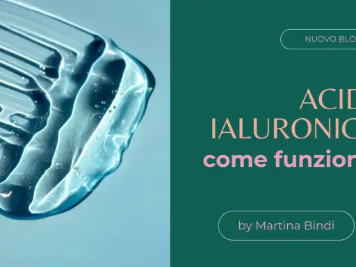 Goccia di acido ialuronico trasparente su sfondo azzurro, con testo "Acido Ialuronico: come funziona?".