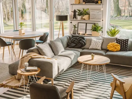 Un salón moderno y acogedor con sofá gris, alfombra de rayas, mesa de centro de madera y grandes ventanales que dejan entrar la luz natural.
