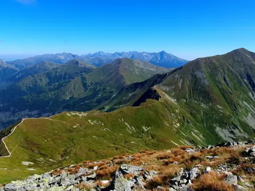 Widok na pasmo górskie z wyraźną ścieżką wijącą się po zboczu. W oddali widać kolejne szczyty Tatr, w tym Starorobociański Wierch.