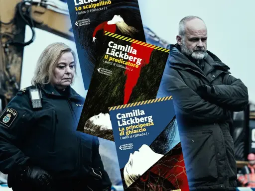 I libri di Camilla Läckberg in ordine: "La principessa di ghiaccio", "Il predicatore" e "Lo scalpellino", con i volti dei protagonisti sullo sfondo.