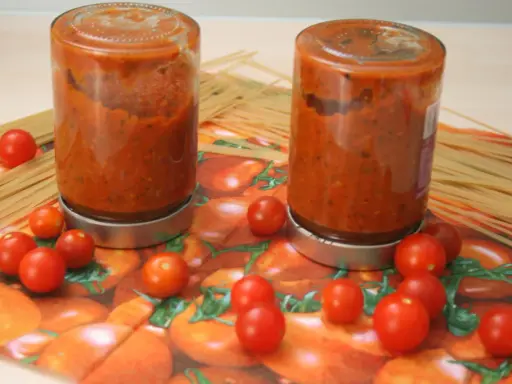 Zwei Schraubgläser mit selbstgemachter Tomatensauce, umgeben von frischen Tomaten und Spaghetti. Perfekt zum Tomatensauce einkochen.