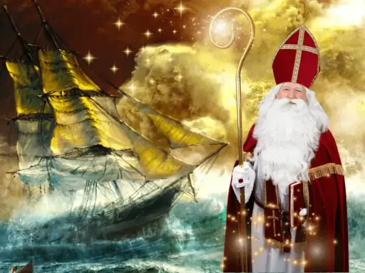 Święty Mikołaj z pastorałem i księgą, obok żaglowiec na wzburzonym morzu. To początek historii świętego mikołaja dla dzieci.