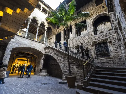 Gente paseando por un patio interior con palmera, escaleras de piedra y arcos. Ideal para visitar museos gratis domingo Barcelona.
