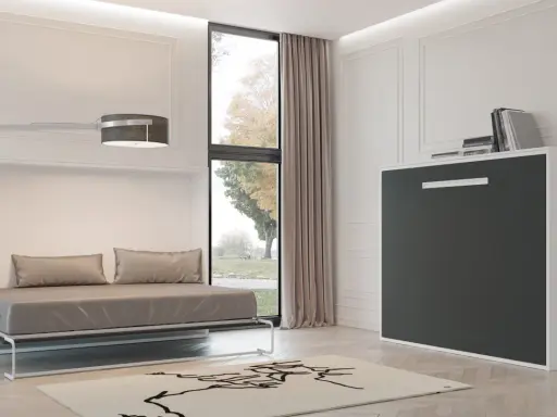 Cama abatible vertical 90x190 con sofá integrado, ideal para optimizar espacios.