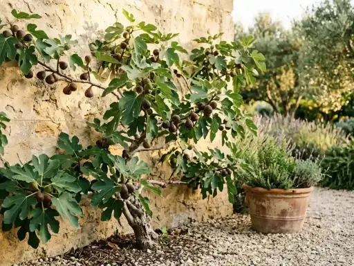 Un figuier chargé de fruits mûrs, adossé à un mur de pierre. Le moment idéal pour savoir quand transplanter un figuier est souvent après la récolte.