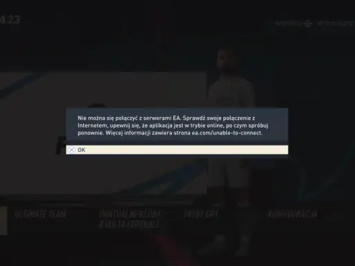 Komunikat o błędzie połączenia z serwerami FIFA 23. Nie można grać online.